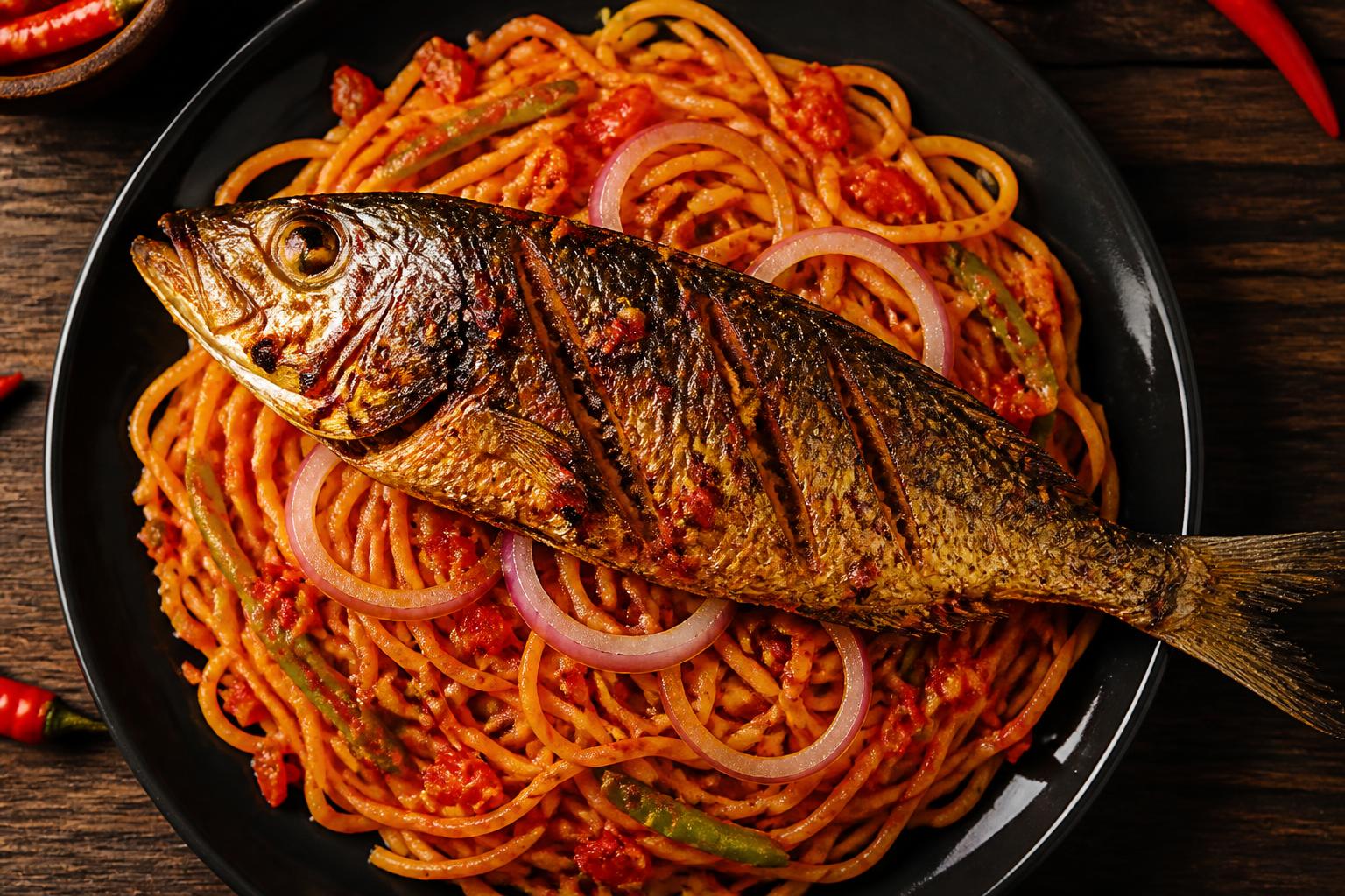 Jollof Spaghetti with Fish